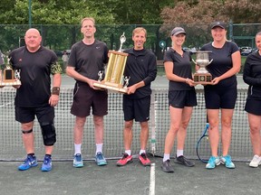 Men’s and ladies’ doubles champions, from left: Kurt Eickmeier and John Noble (‘B’), Jason Erb and Bob Tamblyn (A’), Claire Scott and Krista Plociennik (‘A’), and Sarah Heaton and Marta Andrekovic (‘B’).