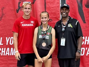 Burgessville's Eva Wilson recently capped a season of outdoor success by finishing third in the U16 pentathlon at the Legion National Youth Track and Field Championships in Sherbrooke, Que. Also pictured are her brother, Cole, and Ray Riley, her head coach from Invictus Athletics.