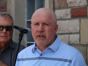Mike Stapleton, son of the late Pat Stapleton, speaks Saturday following a ceremony to officially rename the Sarnia Arena as the Pat Stapleton Arena.