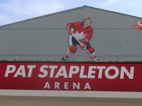 An enlarged image of Michael Slotwinski's painting of the late Pat Stapleton hangs in the main entrance of the Brock Street arena in Sarnia, renamed in honor of the hockey legend.