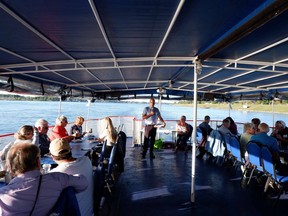 Mike Moroney, remedial action plan coordinator for the St. Clair River area of concern, addresses a crowd of nearly 70 people on a boat cruise this week, celebrating recent gains in restoring the river to health. (Submitted)