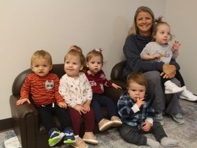 Early childhood educator Denise Cramers is shown with some of the infants at the North Lambton Childcare Centre in Forest. (PAUL MORDEN/The Observer)