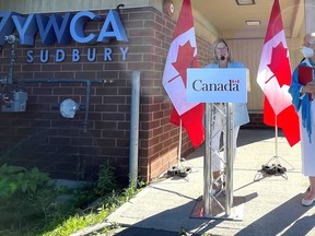 Sudbury MP Viviane Lapointe  (left) and Carolyn Bennett, the minister of Mental Health and Addictions and associate minister of Health, announce funding for the Sudbury YWCA Building Opportunities for Women (BOW) program. Supplied