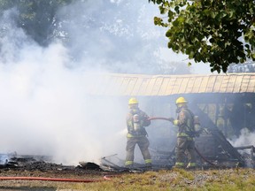 Firefighters battled a detached garage fire on Niemi Road in Lively, Ont. on Thursday September 15, 2022. The structure was destroyed in the blaze. John Lappa/Sudbury Star/Postmedia Network
