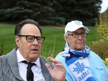 Actors Dan Aykroyd, left, and Chevy Chase speak with local media on the set of Zombie Town in Garson, Ont. on Thursday September 15, 2022. John Lappa/Sudbury Star/Postmedia Network