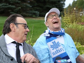 Actors Dan Aykroyd, left, and Chevy Chase speak with local media on the set of Zombie Town in Garson, Ont. on Thursday September 15, 2022. John Lappa/Sudbury Star/Postmedia Network