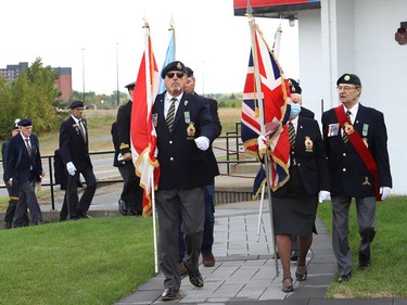 Members of the Colour Party take part in a memorial service for Her Majesty Queen Elizabeth II at Branch 564 of the Royal Canadian Legion in Sudbury, Ont. on Monday September 19, 2022. John Lappa/Sudbury Star/Postmedia Network