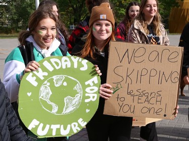 Champlain students Sierra Beaudry, left, and Mya McLean participate in a Fridays For Future Greater Sudbury rally at Laurentian University in Sudbury, Ont. on Thursday September 22, 2022. Sudbury climate activists took part in the rally to mark the Global Day of Action. The event was hosted by Fridays For Future Greater Sudbury in collaboration with Laurentian's Student General Assembly, the Laurentian Environmental Sustainable Committee, CCL Greater Sudbury and Coalition for a Liveable Sudbury. John Lappa/Sudbury Star/Postmedia Network