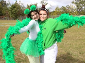 Student council members Hayley Gougeon, left, and Noelle Tiangco participate in Franco-Ontarian Day celebrations at College Notre-Dame in Sudbury, Ont. on Thursday September 22, 2022. Franco-Ontarian Day is actually on September 25, but most Conseil scolaire catholique Nouvelon schools are celebrating earlier. John Lappa/Sudbury Star/Postmedia Network