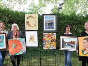Artists Elizabeth Irvine, left, Kim McKibbon, Paulette Stewart, Joan Chivot and Liz Peekstok, missing, will be featuring their artwork at the Culture Days 2022 Five Artists Five Views exhibition in Sudbury, Ont. on October 1 and October 2. The exhibit will be from 10 a.m. to 4 p.m. each day at the Warehouse Studio at 338 John St. John Lappa/Sudbury Star/Postmedia NetworkandOctober