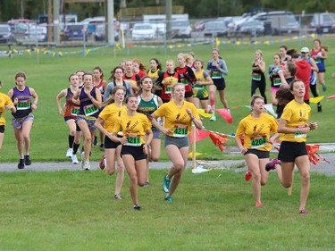 Athletes compete in the girls junior division at the 2022 Laurentian University Rumble on the Rock High School Cross-Country Meet at Laurentian University in Sudbury, Ont. on Tuesday September 27, 2022. About 400 competitors from Northern Ontario took part. John Lappa/Sudbury Star/Postmedia Network