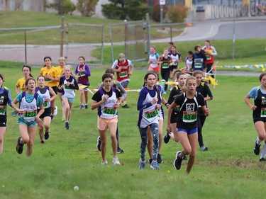 Athletes compete in the girls novice category at the 2022 Laurentian University Rumble on the Rock High School Cross-Country Meet at Laurentian University in Sudbury, Ont. on Tuesday September 27, 2022. About 400 competitors from Northern Ontario took part. John Lappa/Sudbury Star/Postmedia Network