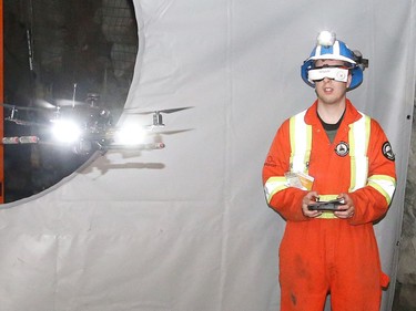 Drone pilot Cole Mathieu, of Safesight, pilots a drone at the Mining Transformed event at the NORCAT Underground Centre in Onaping, Ont. on Thursday September 29, 2022. A release issued by NORCAT said the event is "the world's first tech exhibition in an underground operating mine, at the NORCAT Underground Centre, where the buyers of innovation and builders of innovation will have the chance to connect and conduct business in our unique ecosystem like never before." The exhibition was on surface and underground. John Lappa/Sudbury Star/Postmedia Network