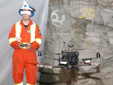 Drone pilot Cole Mathieu, of Safesight, pilots a drone at the Mining Transformed event at the NORCAT Underground Centre in Onaping, Ont. on Thursday September 29, 2022. A release issued by NORCAT said the event is "the world's first tech exhibition in an underground operating mine, at the NORCAT Underground Centre, where the buyers of innovation and builders of innovation will have the chance to connect and conduct business in our unique ecosystem like never before." The exhibition was on surface and underground. John Lappa/Sudbury Star/Postmedia Network