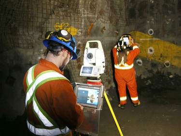 Maxime Graveline, of NSS Canada, operates a device for surveyors and miners at the Mining Transformed event at the NORCAT Underground Centre in Onaping, Ont. on Thursday September 29, 2022. A release issued by NORCAT said the event is "the world's first tech exhibition in an underground operating mine, at the NORCAT Underground Centre, where the buyers of innovation and builders of innovation will have the chance to connect and conduct business in our unique ecosystem like never before." The exhibition was on surface and underground. John Lappa/Sudbury Star/Postmedia Network