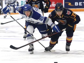 David Goyette, left, of the Sudbury Wolves, and Josh Kavanagh, of the Barrie Colts, chase down the puck during OHL action at the Sudbury Community Arena in Sudbury, Ont. on Friday September 30, 2022. John Lappa/Sudbury Star/Postmedia Network