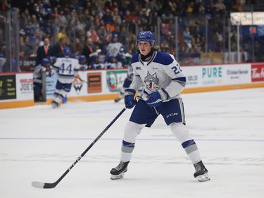 Kieron Walton, of the Sudbury Wolves, follows the play during OHL action against the Barrie Colts at the Sudbury Community Arena in Sudbury, Ont. on Friday September 30, 2022. John Lappa/Sudbury Star/Postmedia Network