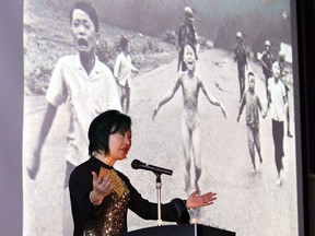 Vietnamese-Canadian Phan Thi Kim Phuc delivers her speech before her June 8, 1972 Pulitzer-Prize-winning photograph during the Vietnam war, during a lecture meeting in Nagoya, Aichi prefecture on April 13, 2013.  Kim Phuc speaks in Sudbury this weekend.