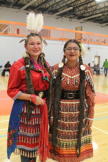 Caroline Trapper, left, and Sacred Faries, both have roots in Moose Factory but live in Timmins. They were among the participants in this weekend's powwow held at Northern College.

RON GRECH/The Daily Press