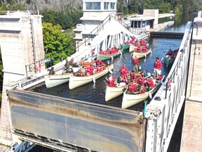 Ranger cargo boats atop Peterborough Lock on the Trent Canal at 66ft, the world's tallest hydraulic lock.Supplied/Canadian Rangers
