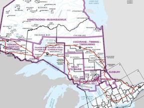 A map showing the proposed changes to federal ridings in Northern Ontario. The northern half of Timmins-James Bay would merge with Kenora riding while the southern half would expand westward to take in areas that are currently within the Algoma and Nickel Belt ridings.