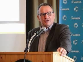 Moneta Gold CEO, director and chief geologist Gary O'Connor speaks at the latest edition of the 'State of Mining' series hosted by the Timmins Chamber at Cedar Meadows Resort on Thursday afternoon.

ANDREW AUTIO/The Daily Press