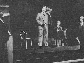 A large audience at Ecole Secondaire Cochrane High School seemed to greatly enjoy the play “Beyond the Fringe,” a comedy consisting of 20 short skits and presented by four actors, all seen here: David Walden, Roy Wordsworth, Barrie Baldaro and Don Cullen. The satiric comedy was the first in a series of special presentations by the Cochrane Association for the Performing Arts (CAPA). The next performance will be the Climax Jazz Band in 1983.