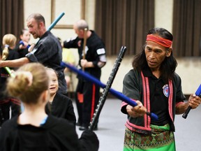 Shishir Inocalla, right, trains students from Wallaceburg Martial Arts in Arnis, a Filipino martial art, at the Wallaceburg & District Museum.  (Tom Morrison/Postmedia Network)