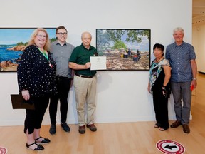 Woodstock Art Gallery curator Mary Reid, (from left) juror Peter Flannery, artist Jamie Dickson, and jurors Ruth Hartley and John Hartman, with DicksonÕs painting, Turkey Point Beach (2021). 

Trish Roberts, Custom Concept Photography. 


SUBMITTED PHOTO