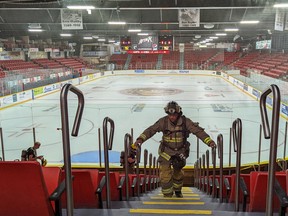 Firefighters from across Grey and Bruce counties participated in a 9/11 Memorial Stair Climb Sunday morning inside the Harry Lumley Bayshore Community Centre. Proceeds from the event went to support the Canadian Mental Health Association. Pictured here is Kincardine Fire and Emergency Services Fire Prevention Officer Shane Watson. Greg Cowan/The Sun Times