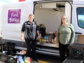 Whitecourt Food Bank volunteers Shirlz Grant and Sharon Robb worked on a food drive outside IGA on Saturday.