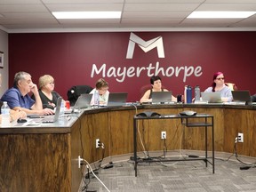 Mayerthorpe councillors (l-r) Becky Wells, Pat Burns and Sandy Morton, Assistant CAO Louise Kormos, Mayor Janet Jabush and councollors Esther Sonnenberg, Marc Claybrook and Anna Greenwood (not pictured) reviewed a request to partner in the proposed Whitecourt centre.