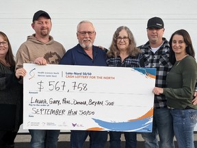 Laura Dupuis, Gary Dupuis, Paul Pitre, Donna Pitre, Bryan Pitre and Sue Tremblay of Chelmsford are the winners of September’s $567,758 HSN 50/50 grand prize jackpot. Supplied