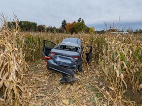 The driver of this Toyota Corolla was seriously injured in a collision with an Audi S4 that had been pursued by Strathroy-Caradoc police on Oct. 14, 2020. (SIU supplied photo)