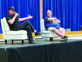 Chris Doohan, left, son of deceased Canadian actor James Doohan, who played Star Trek's Montgomery “Scotty” Scott, chats with Russell Skeet during a question-and-answer session at the Cultural-Recreational Centre on June 11, 2022 during Vul-Con.