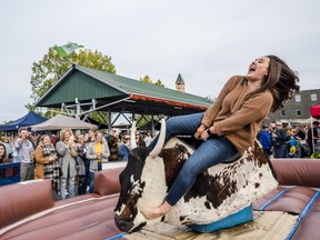 Michelle White is thrown off a mechanical bull as a crowd looks on during the Hops on the Water beer festival on Saturday in Trenton, Ontario. ALEX FILIPE