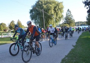 Riders ride at the start of the Bruce Peninsula lighthouse Gravel Gran Fondo on Sunday, October 2, 2022 in Lion's Head, Ontario. A total of 400 contestants participated in this event.