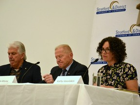 Stratford mayoral candidates in the Oct. 24 city election Robert Ritz, Martin Ritsma and Kathy Vassilakos squared off in their first public debate hosted by the Stratford and District Chamber of Commerce at the Stratford Rotary Complex Monday night. (Galen Simmons/The Beacon Herald)