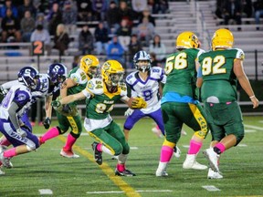 Jaxon Sterling scored three touchdowns in the Sherwood Park Bantam Rams Gold Team’s narrow 27-26 loss to the St. Albert 49ers last Saturday at Emerald Hills. Photo courtesy Jeff Sterling