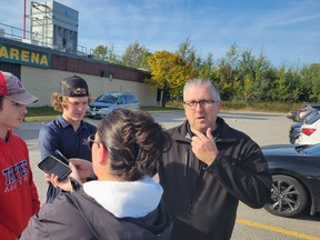 AAA North Bay U18 Trapper forwards Nate Gravelle and Justin Rousseau speak to local media Monday at Pete Palangio. All current and former North Bay Trappers are being invited to watch the AAA U18 Trappers play against the U18 Nickel City Capitols on Oct. 15 at Memorial Gardens at 7:30 p.m.