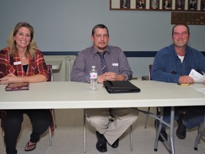 Three of the four candidates for mayor of Strong Township attended the Meet the Candidates event at the Sundridge Legion on Tuesday. From left are Coun.Jody Baillie, businessman Albert "Bert" Lilley and Tim Bryson, who is the current mayor of Joly but is running for mayor of  Strong.    Coun. Jason Cottrell is also running for Mayor but he did not attend Tuesday's event.