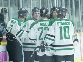 The Terriers celebrate one of their goals against the Oil Caps. (photo supplied by www.PortageTerrier.com)