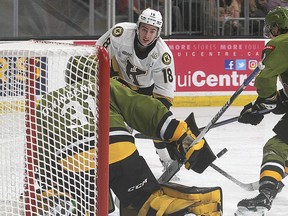 Kingston Frontenacs forward Gabriel Frasca shoots wide on North Bay Battalion goaltender Dom DiVincentiis during Ontario Hockey League action at the Leon's Centre on Friday night. Kingston lost the game, 3-2 in a shootout.