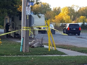 Chatham-Kent police investigators were at the corner of Colborne Street and Duke Street North in Chatham on Saturday, Oct. 8, 2022 for a homicide investigation. (Trevor Terfloth/The Daily News)