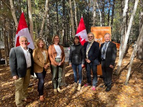 From the left: Nickel Belt MP Marc Serre; Sudbury MP Viviane Lapointe; and Karina Gould, minister of families, children and social development, made Tuesday’s announcement with Stéphane Gauthier, general and cultural director of the Carrefour francophone de Sudbury; Céline Kerampran, co-ordinator of the forest pre-school project; and Daniel Giroux, president College Boreal.