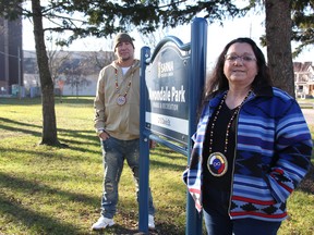 Bradley Stone and Deborah Munroe with the Sarnia-Lambton Native Friendship Centre stand at Sarnia's Avondale Park. File photo