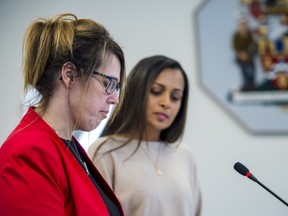 Debbie Lee and Vino Noronha of Not Alone Team Quinte speak to Belleville City Council during a council meeting on Tuesday in Belleville, Ontario. ALEX FILIPE.