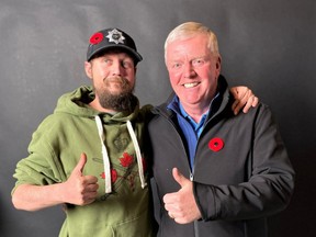 Retired Gen. Rick Hillier, right, has previously met in North Bay with Jess Larochelle of Restoule. Hillier is one of many high-ranking veterans who is making the case that Larochelle should be awarded Canada's Victoria Cross for his act of bravery that saved the lives of his platoon members in a firefight with the Taliban in Afghanistan in 2006.