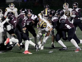 The St. Mary's Knights and Korah Colts in Sault high-school senior football action from last season. The Knights and Colts will play for the city championship on Friday night at Superior Heights. Kick-off is set for 7:30 p.m.