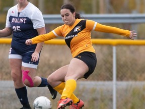 Cambrian Golden Shield striker Grace Cranston competes against the Loyalist Lancers in OCAA women's soccer action at Cambrian College in Sudbury, Ontario on Saturday, October 8, 2022.